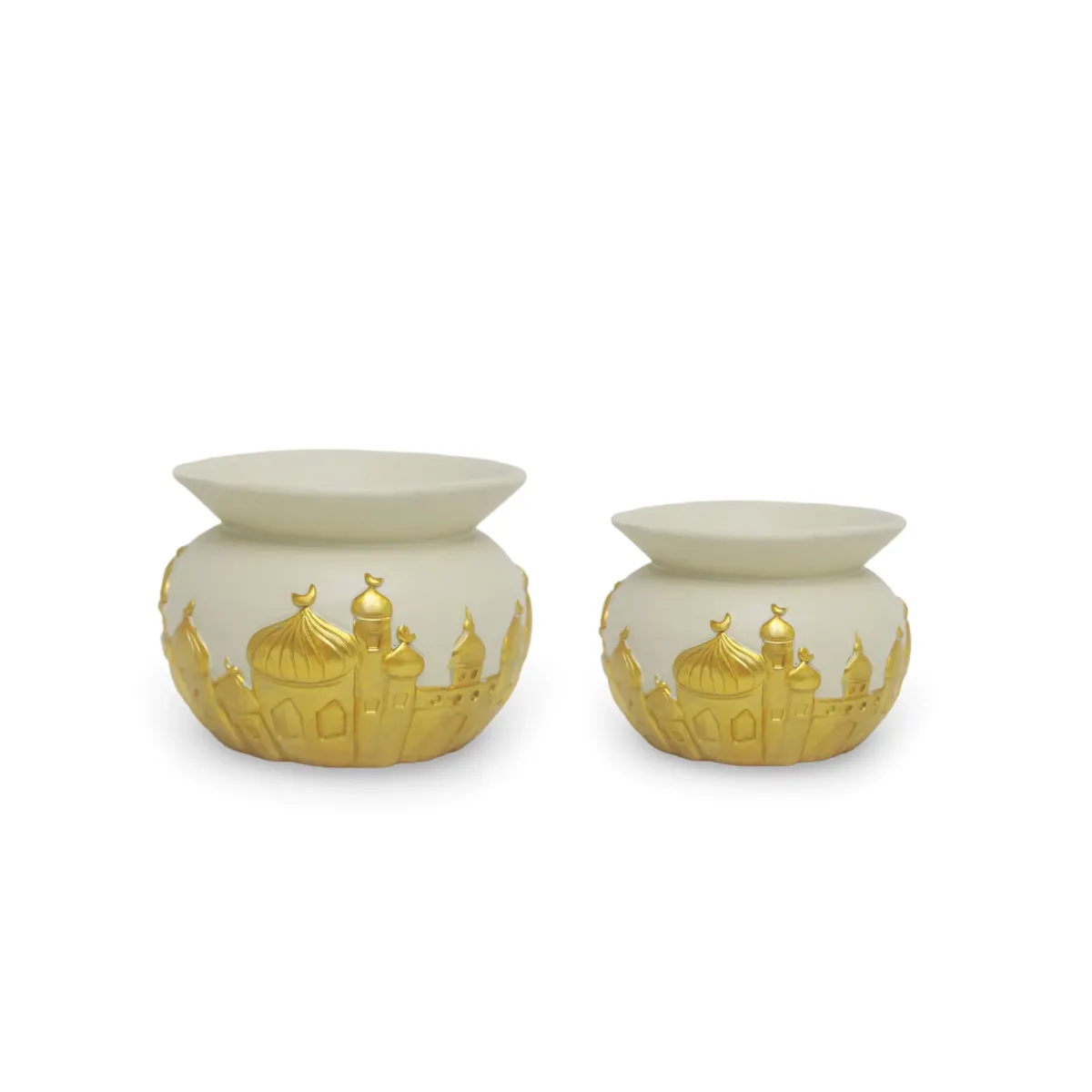“Ivory Resin Bowl with Gold Mosque Decoration – Exquisite Ramadan Decorative Piece”