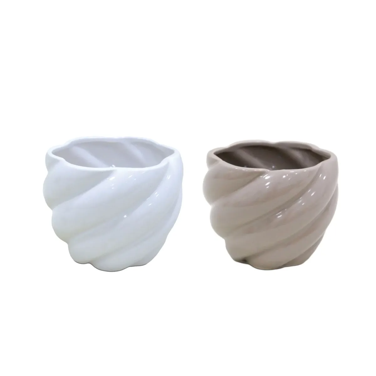 Round Shiny Greige Swirl Buffy Ceramic Pot