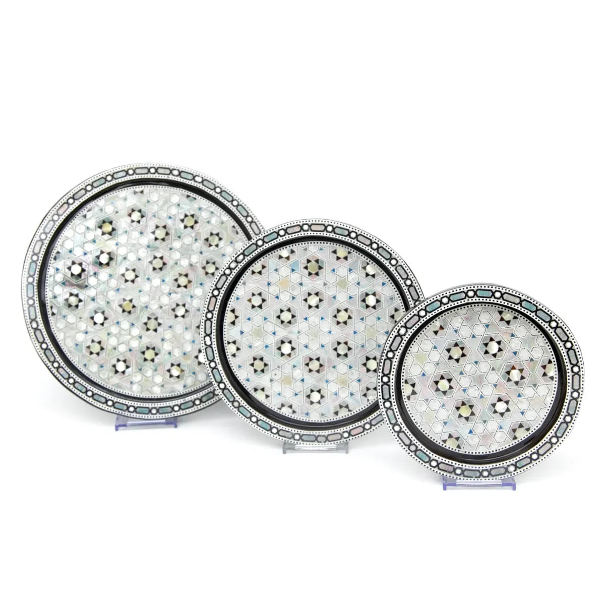 Wooden Silver Arabesque Round Tray