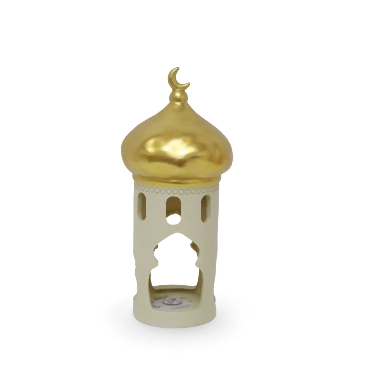 Ivory Resin Mosque with Light & Gold Dome – Elegant Ramadan Decorative Lantern