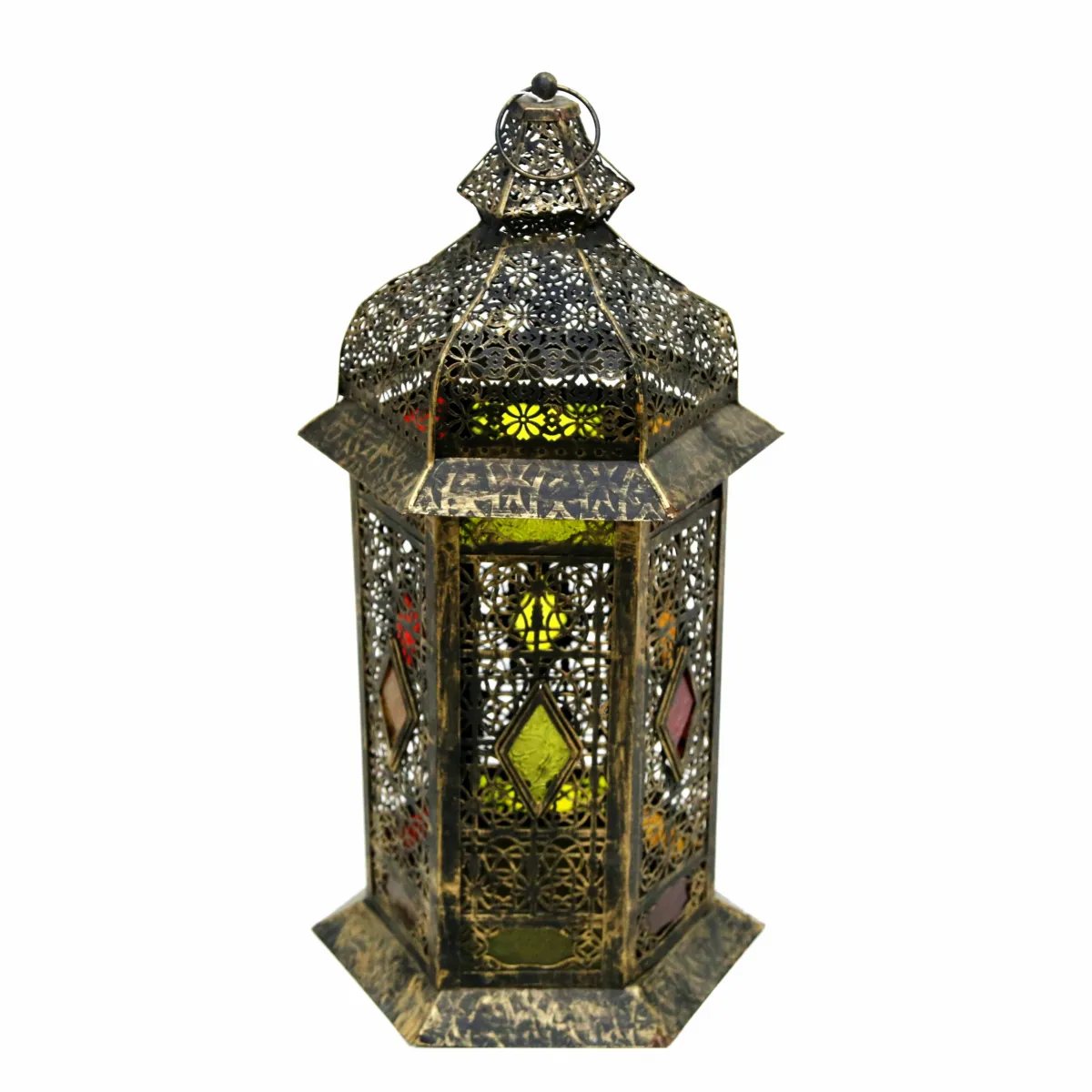 Illuminating Traditions: Small Colored Glass Anti-Gold Metal Hanging Lantern for Ramadan