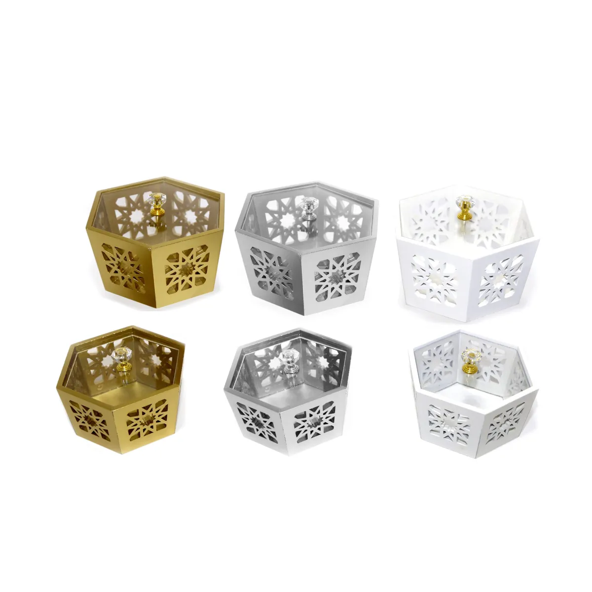 Plexi Covered Arabesque Wooden Hexagon Box – Elegant Storage and Decorative Piece for Ramadan