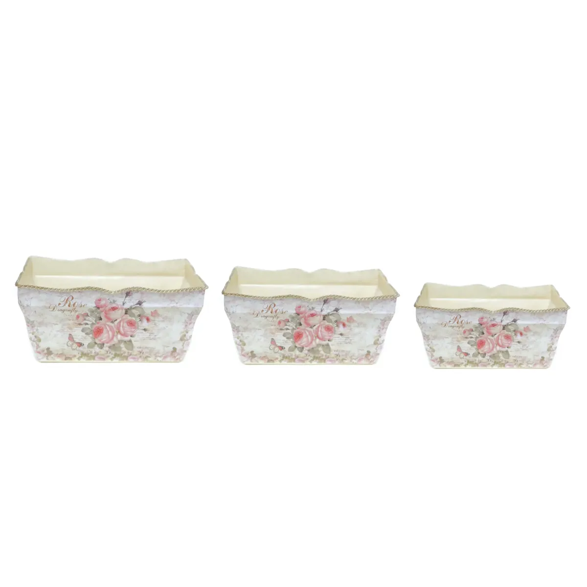 Ivory Rectangle Rose Country Side Plant Pot With Ring Handles Set