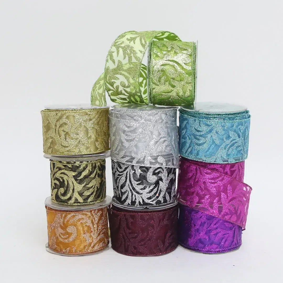 Embossed Glitter Plants Pattern Organza Ribbon