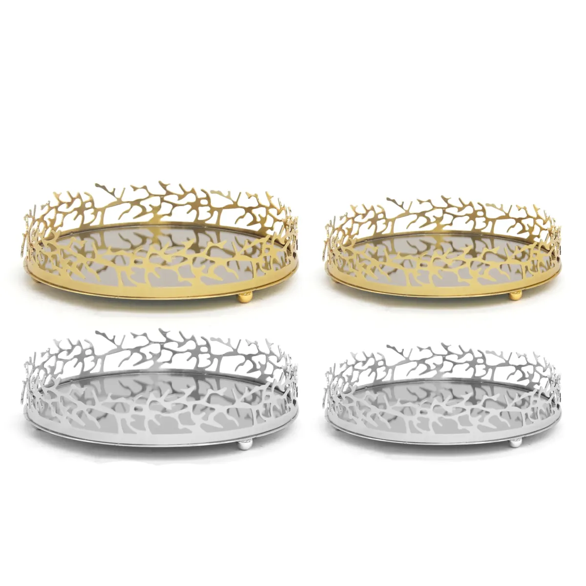 Round Mirror Base Branch Rim Design Metallic Tray