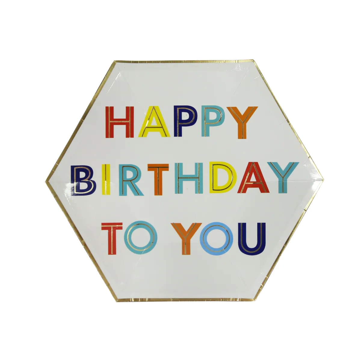 White Hexagon “Happy Birthday” Paper Plate – Modern Party Tableware