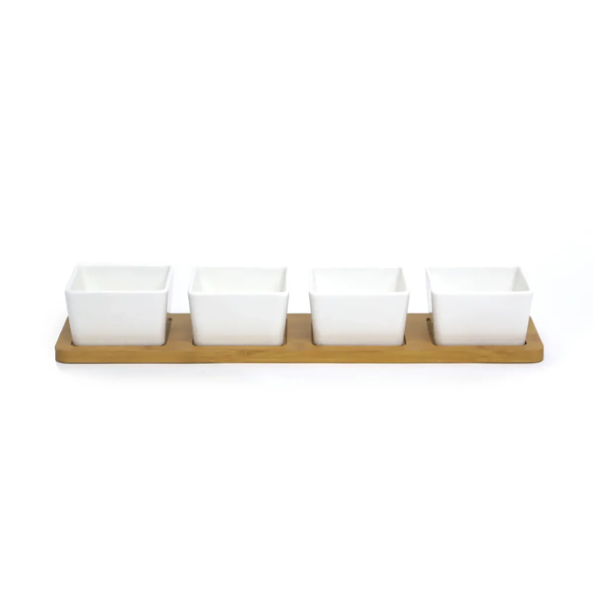 Wood Plate with 4 Ceramic Dip Bowls Serving Set
