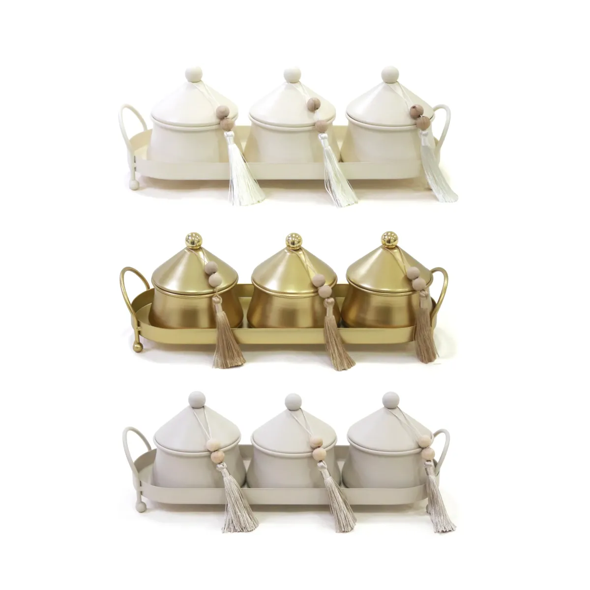 3 Metal Canisters on Rectangular Tray – Elegant Set