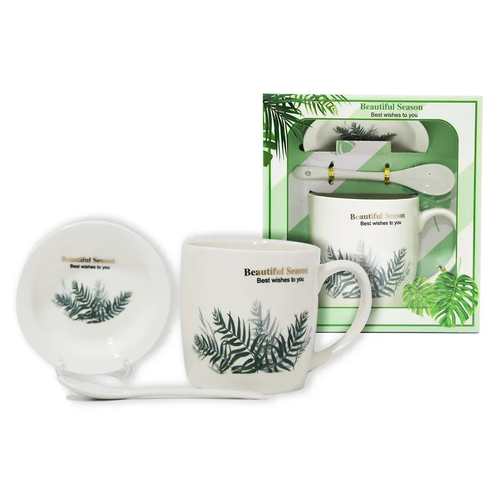 “Palm Leaves” Mug With Saucer & Spoon Set