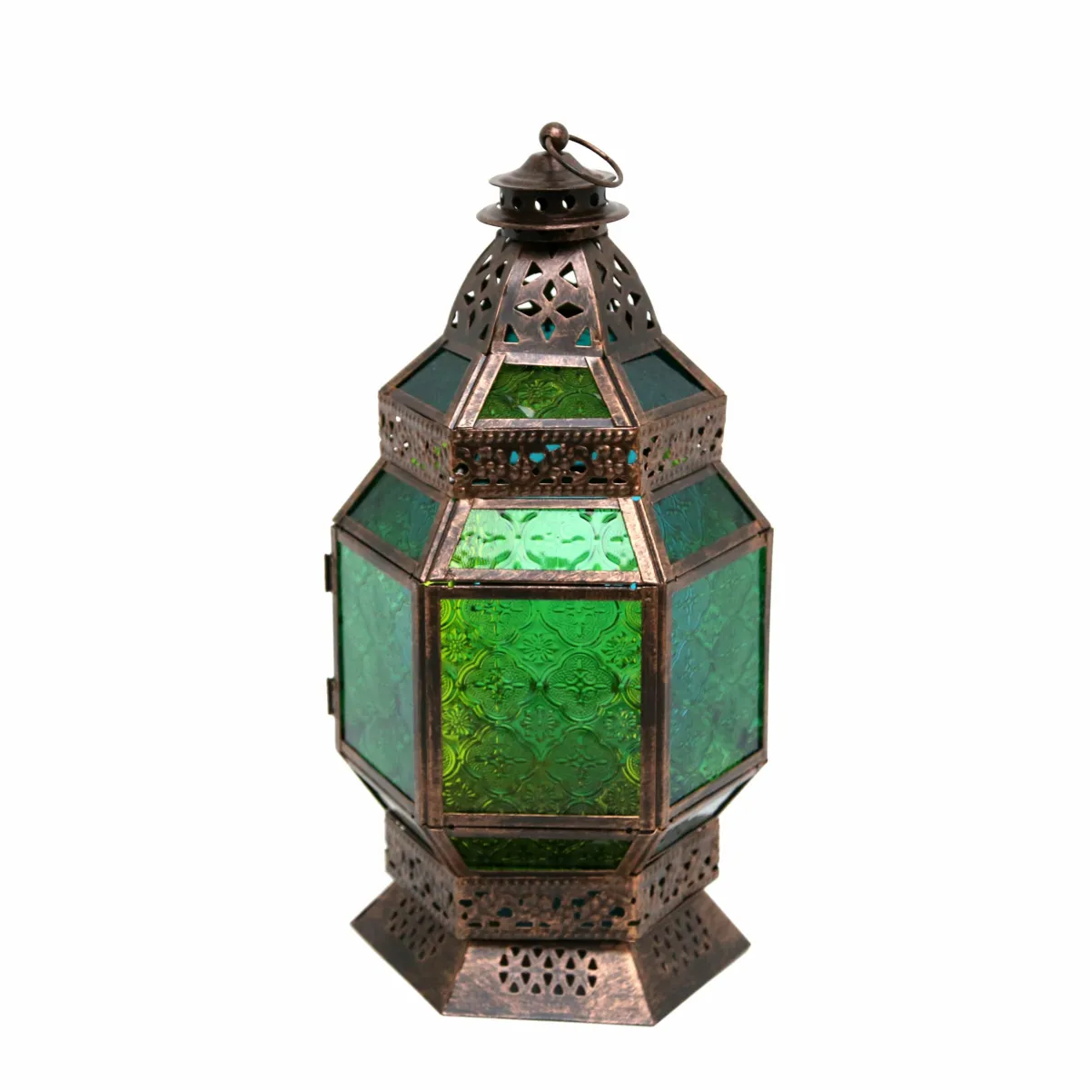 Heritage Glow: Old Gold Metal & Glass Patterned Lantern for Ramadan Decoratives