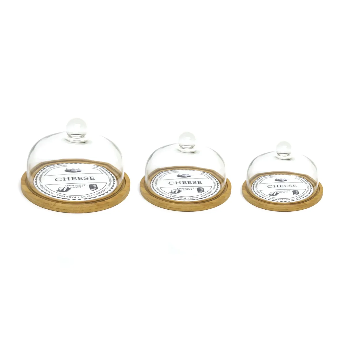 Round Cheese Keeper Glass Cover Wooden Tray Set