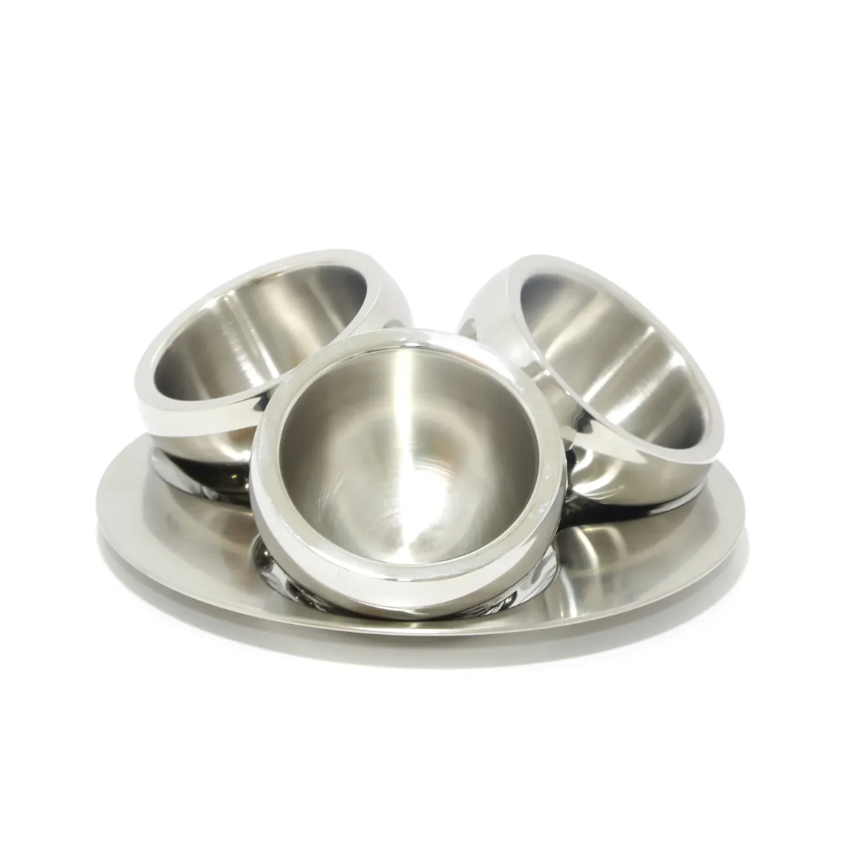 Stainless Steel Plate W/Three Round Double Wall Nuts Bowl