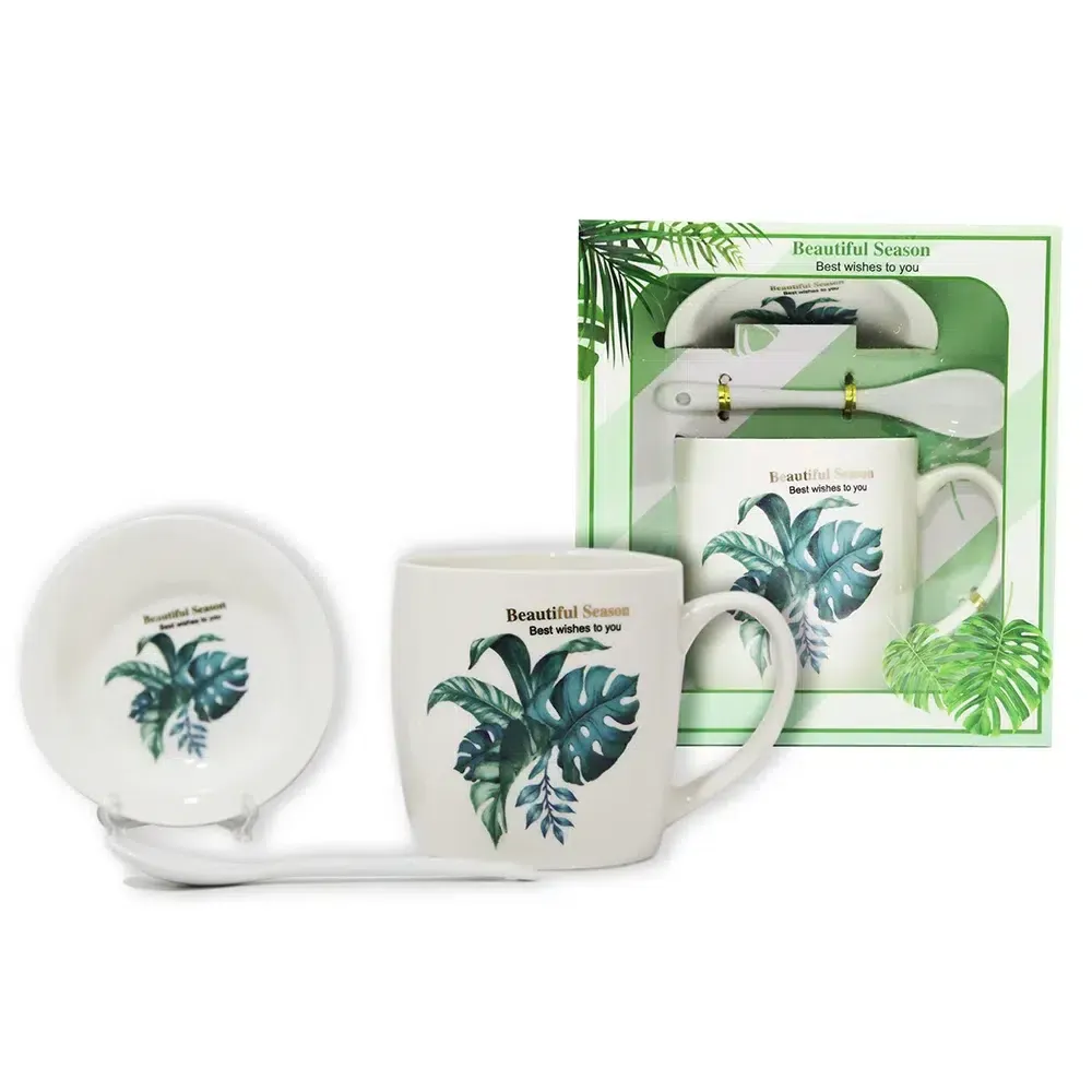 “Beautiful Season” On The Top Greenery Mug With Saucer & Spoon Set