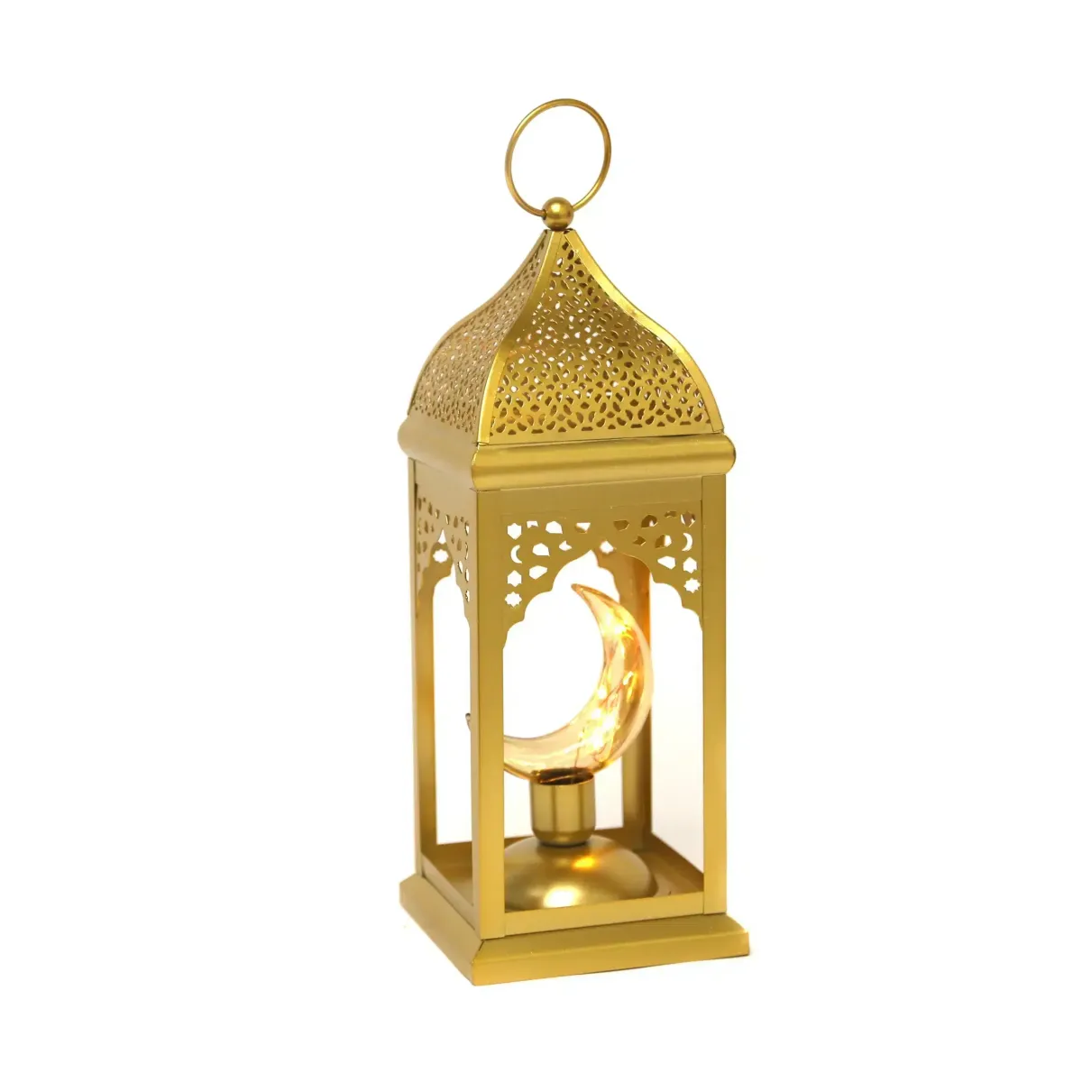 old Metal Arabesque Lantern with Square Base & LED Moon – Ramadan Decorative Lighting