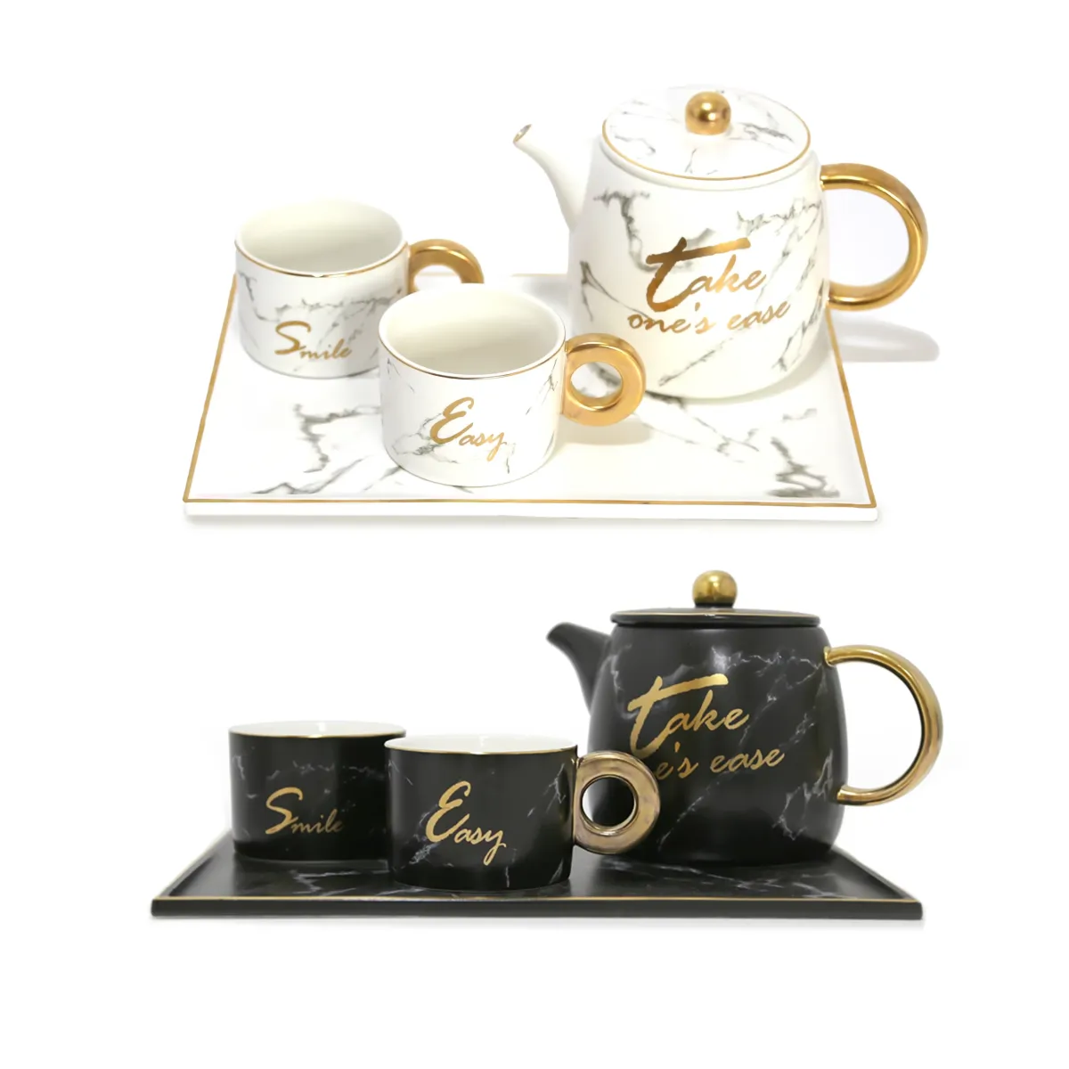 Chic Set Of “Take One’s Easy” Tray With Kettle & 2 Cups
