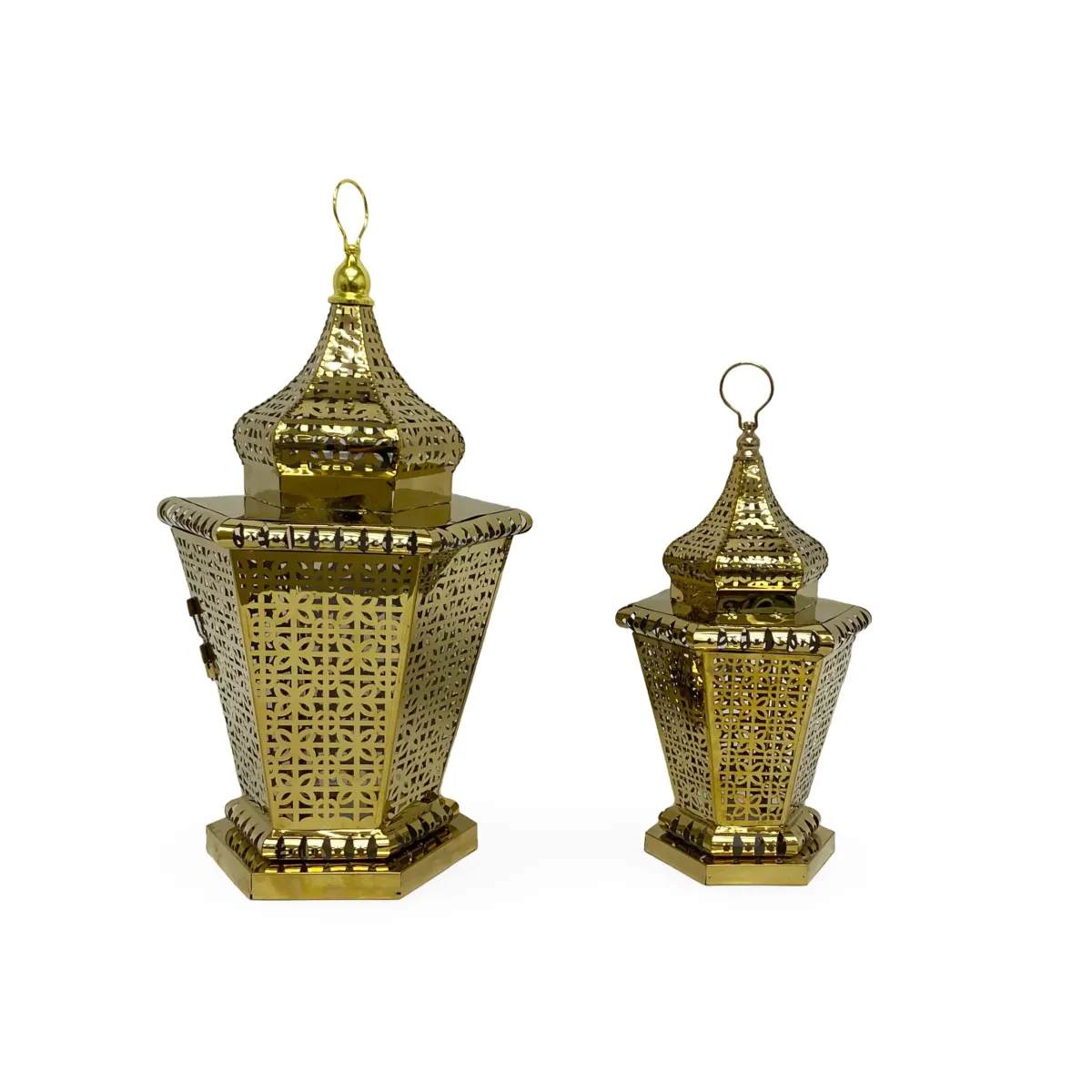 Luxurious Gold LED Light Hexagon Metal Lantern – Opulent Ramadan Decoratives