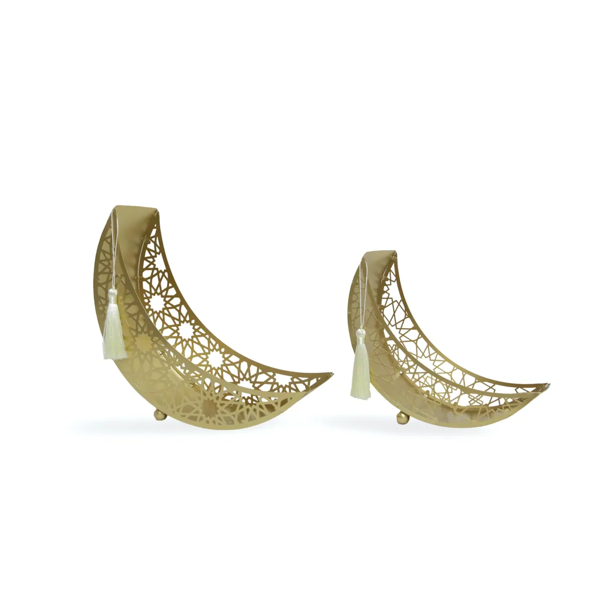 Gold Arabesque Crescent Moon Decorative Bowl With Tassel for Ramadan and Festive Decoratives