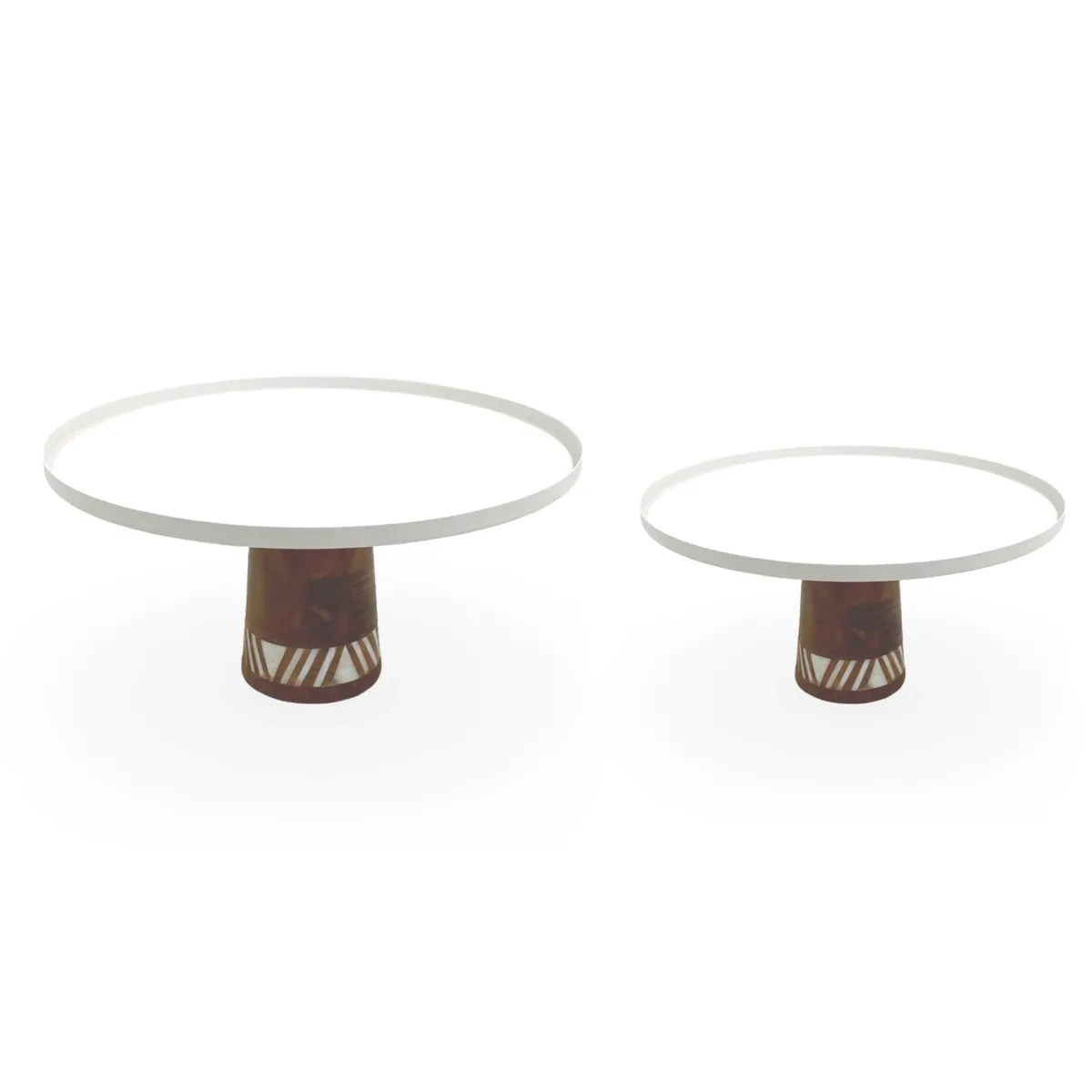 “White Round Metal Cake Plate with Striped Wooden Base – Premium Ramadan Decoratives”