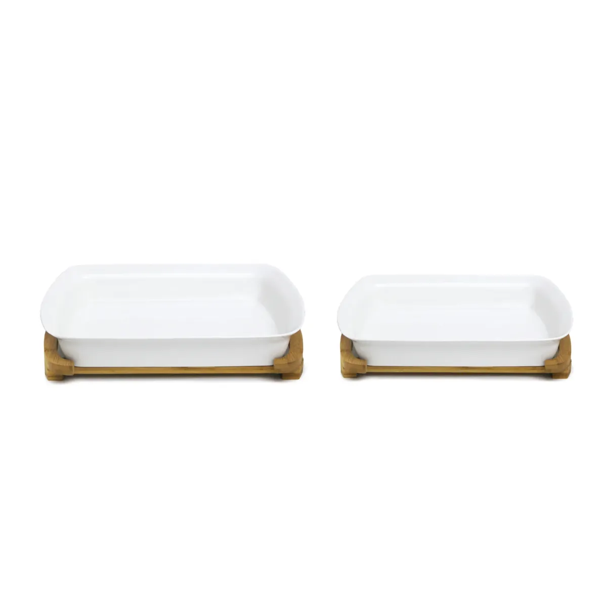 Rectangular Ceramic Bowl with Wooden Holder Set