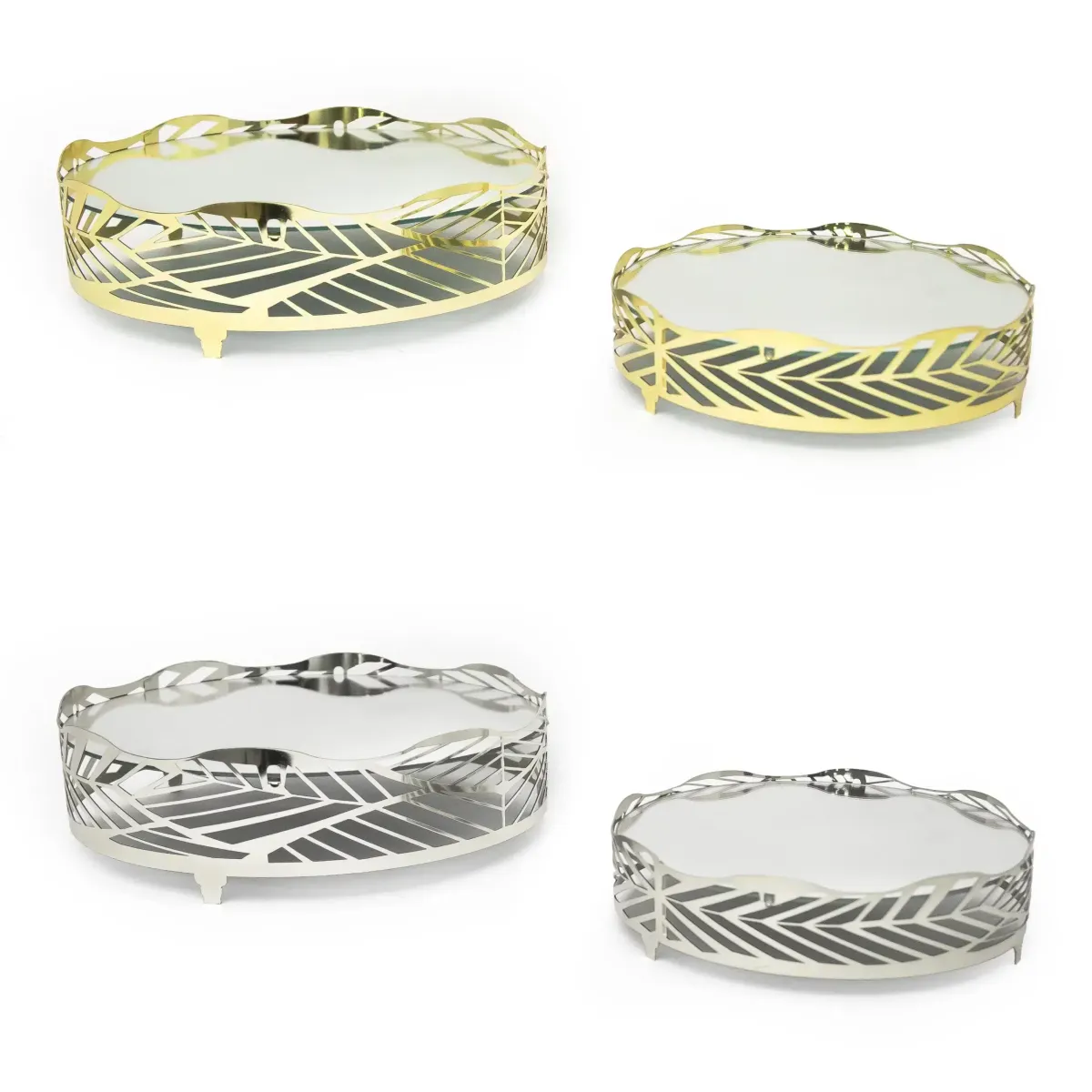 Upper Mirror Base Leaves Design Round Metal Tray