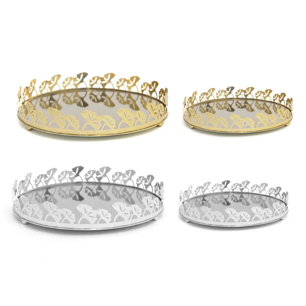 Round Mirror Base Leaf Rim Design Metallic Tray