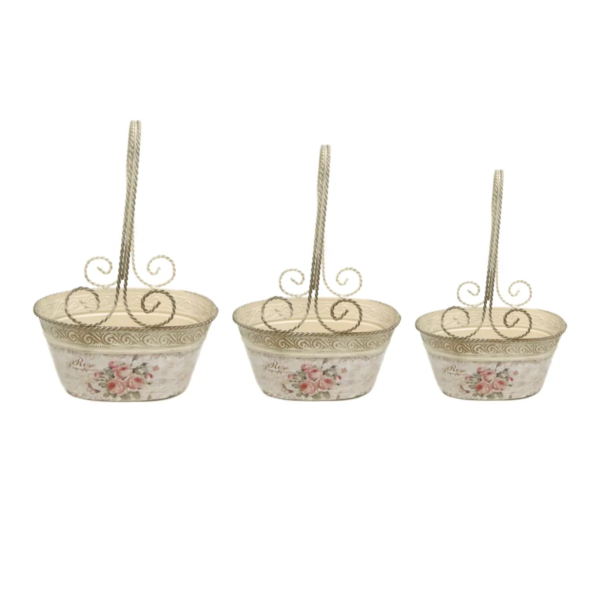 Oval Ivory Rose Countryside Basket Set With Upper Handle