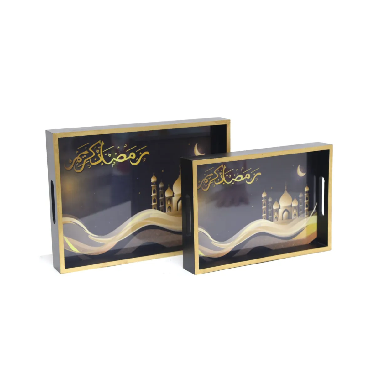Black & Gold Ramadan Kareem Wooden Tray – Elegant Islamic Serving Tray for Ramadan Décor & Home