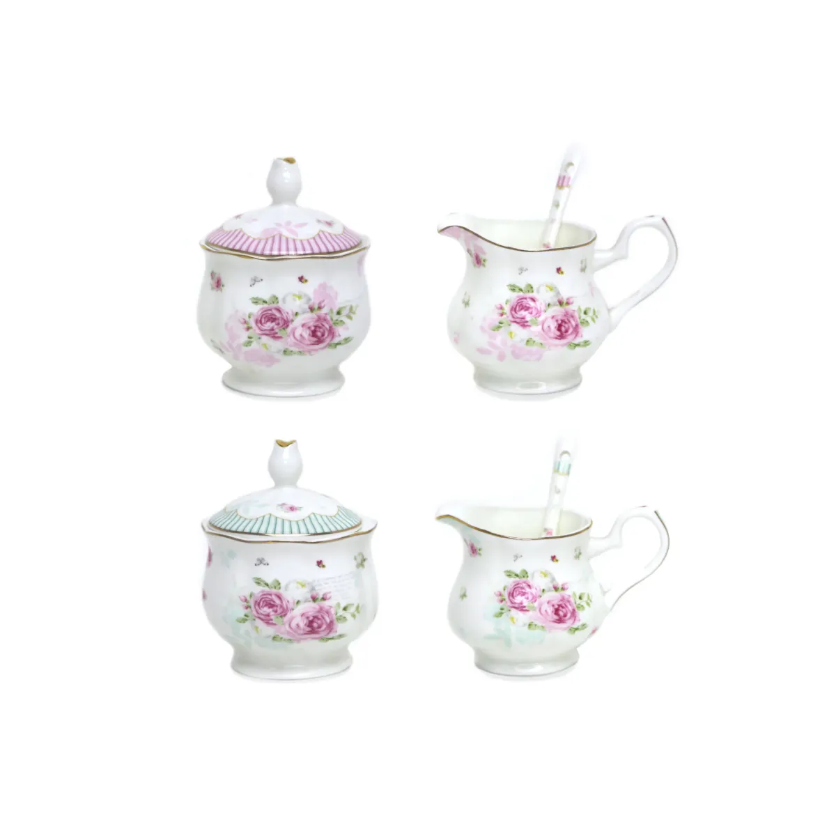 Striped Flower Sugar Pot/Creamer & Spoon Set