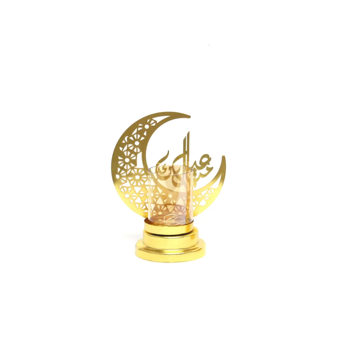 Gold Crescent Eid Mubarak Candle Holder with LED Light Stand – Islamic Festive Decor, Eid al-Fitr & Eid al-Adha Celebration Centerpiece
