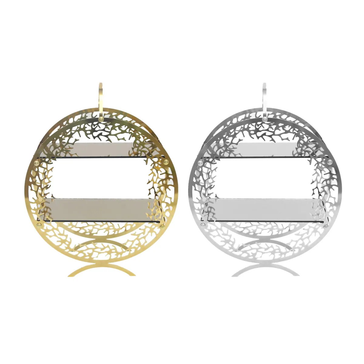 Two Levels Mirror Base Branch Rim Design Metallic Tray Stand