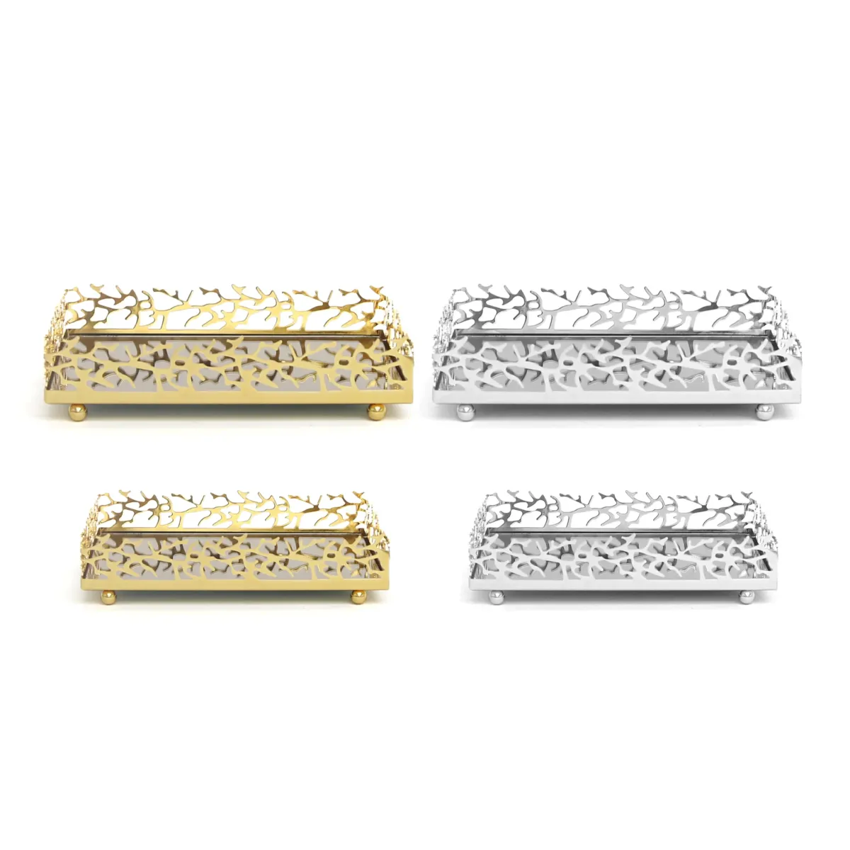 Rectangle Mirror Base Branch Rim Design Metallic Tray