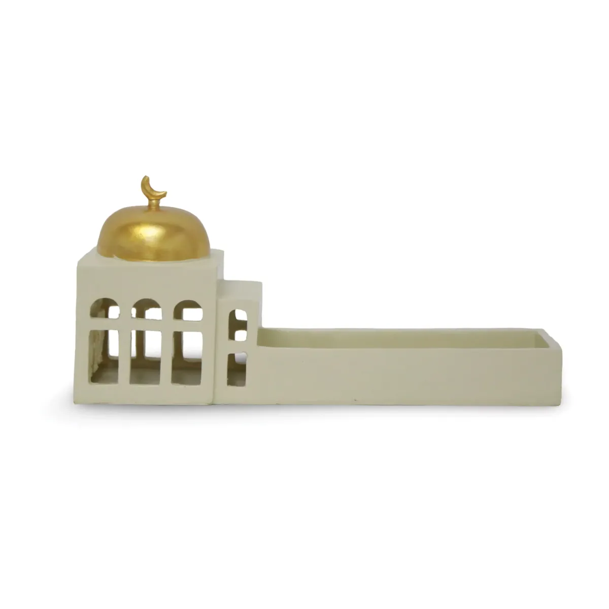 “Ivory Resin Mosque Tray with Gold Dome – Elegant Ramadan Decorative Accessory”