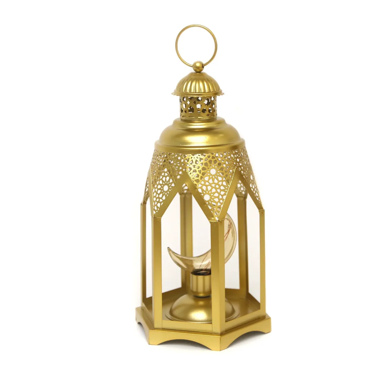 Gold Metal Arabesque Lantern With Hexagon Base & Led Moon