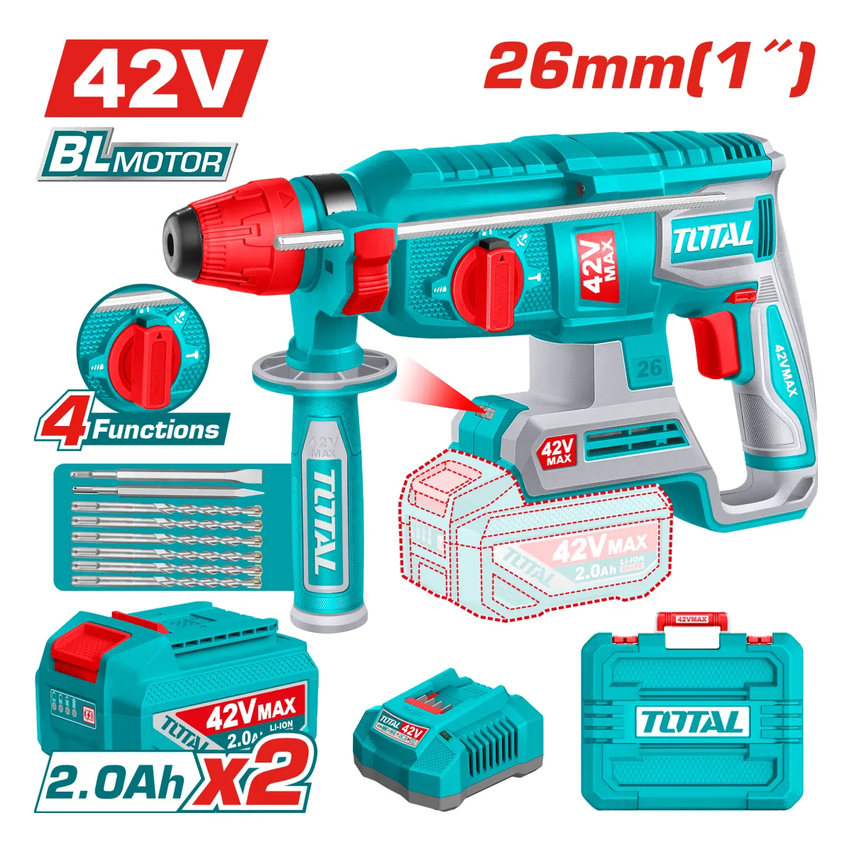 Total TRHLI422682 42V SDS Plus Rotary Hammer Kit