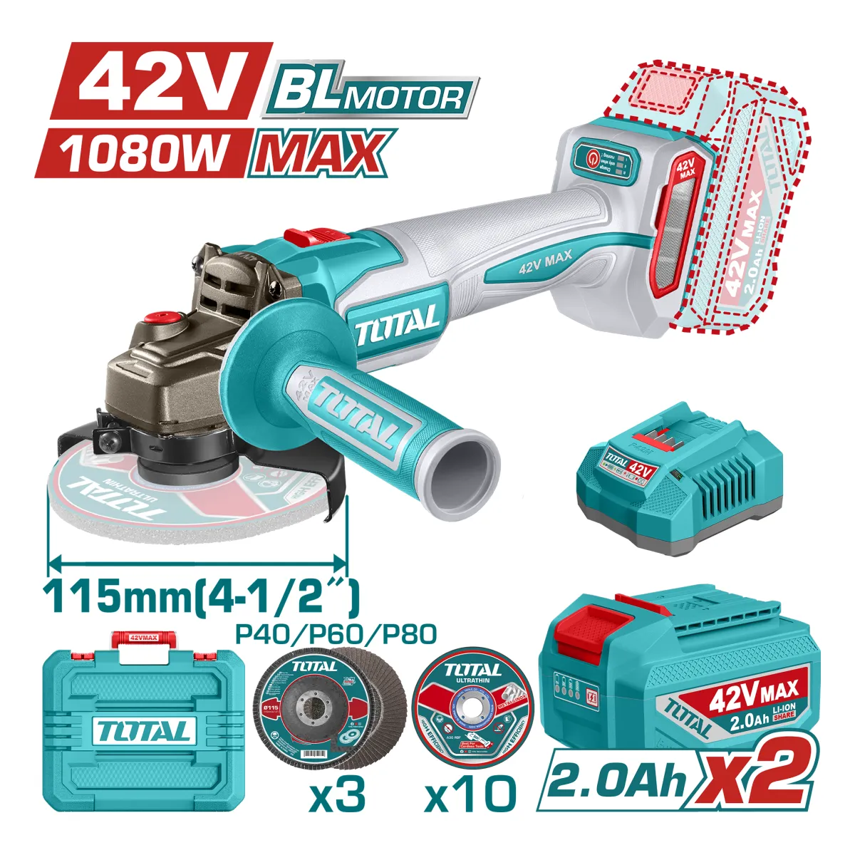 Total TAGLI4108112 42V 115mm Angle Grinder Kit