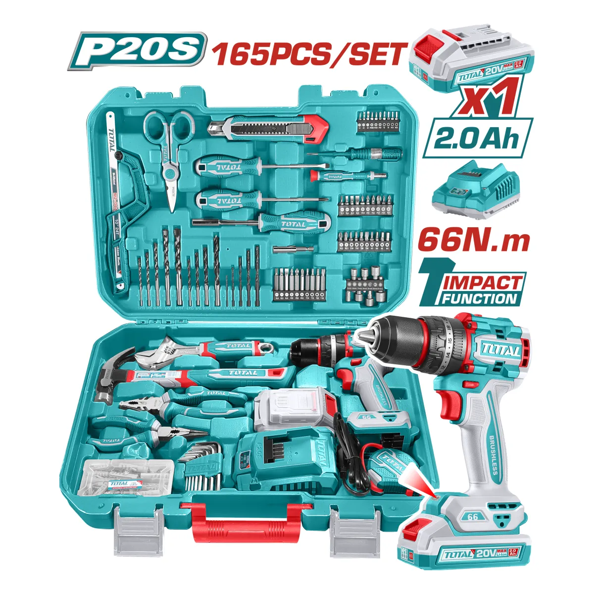 Total THKTHP11652 Cordless Drill Tool Set, 165pcs