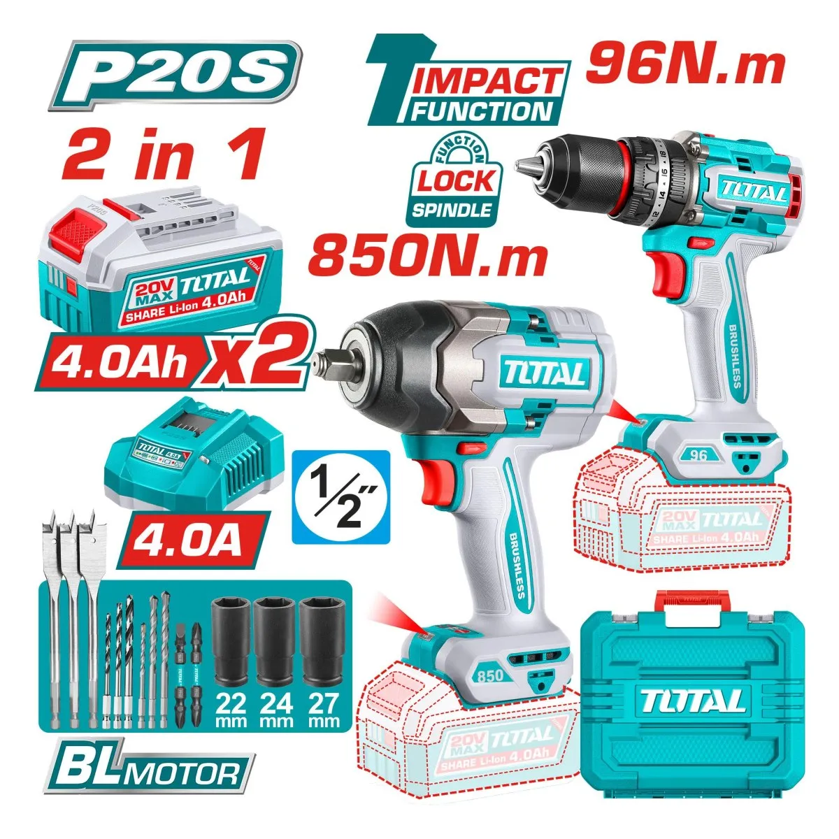 Total TOSLI250586 20V Drill and Impact Wrench Kit