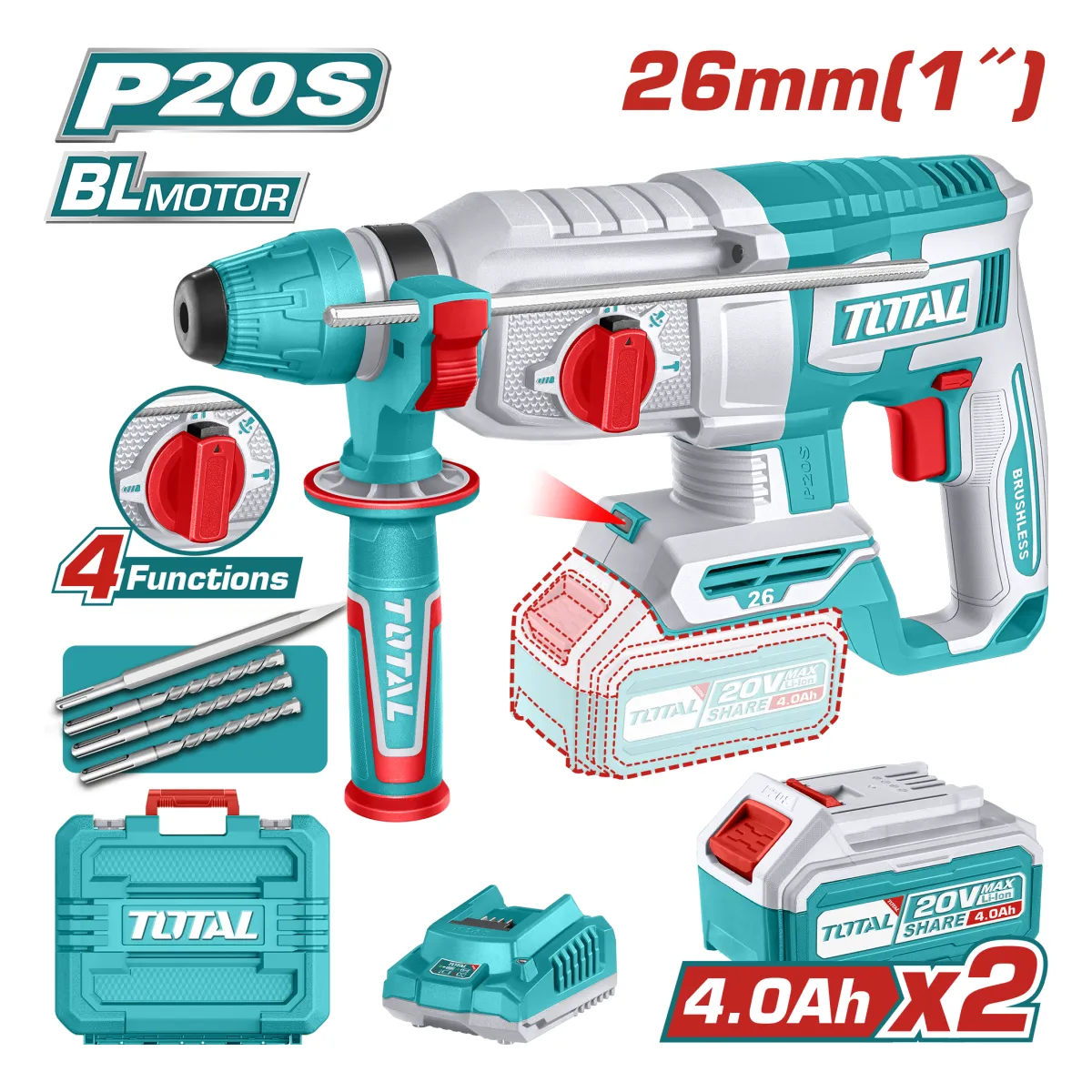 Total TRHLI202682 20V SDS Plus Rotary Hammer Kit