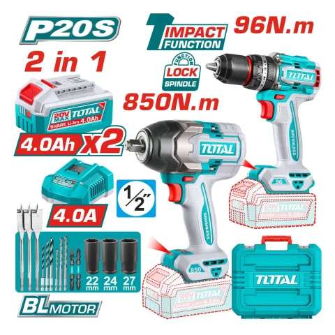 Total TOSLI250586 20V Drill and Impact Wrench Kit